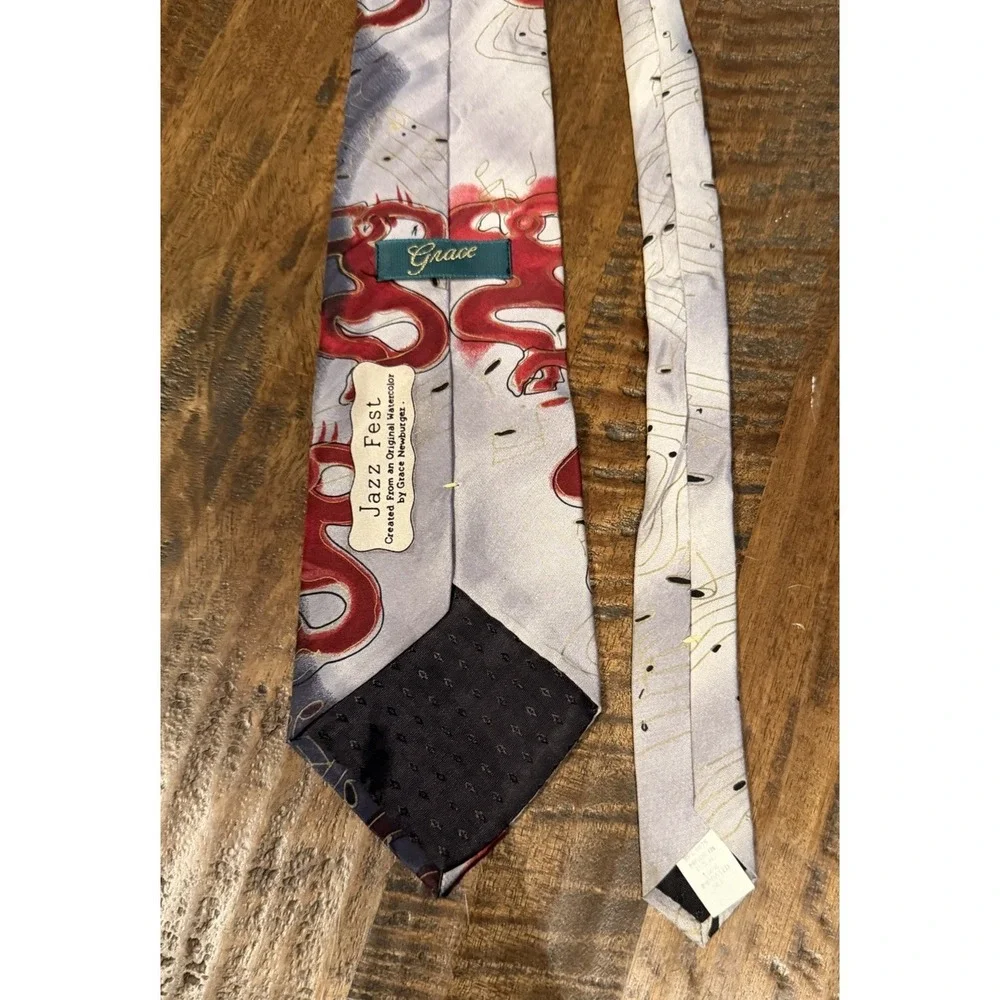 Grace Newburger Jazz Fest Silk Necktie Hand Finished Music Notes Watercolor